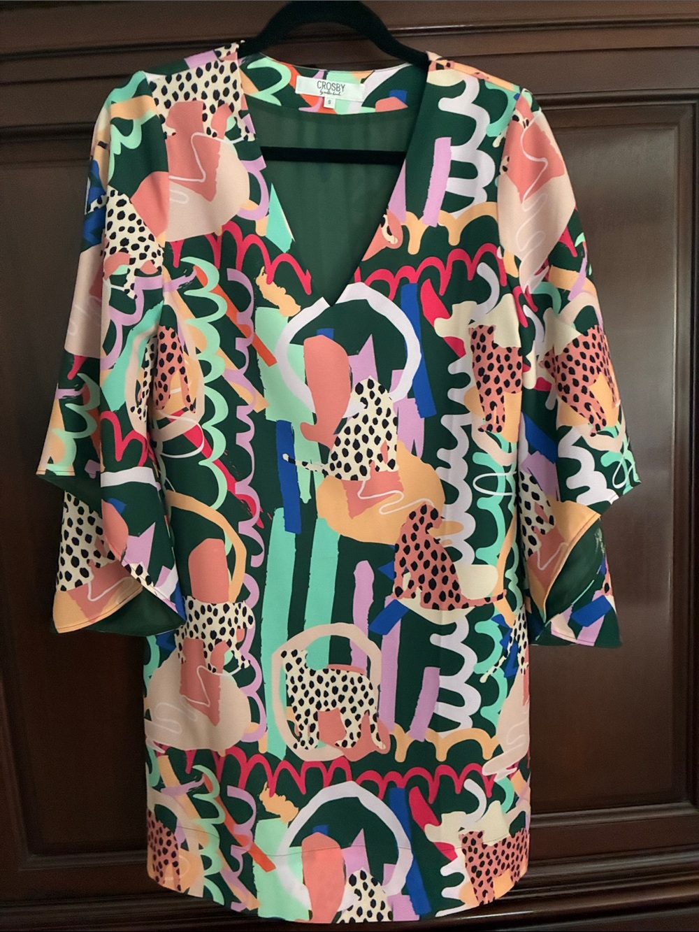 CROSBY by Mollie Burch Green Multicolor Abstract V-Neck Dress size S